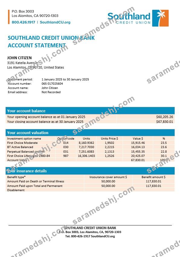 USA California Southland Credit Union Bank statement, Word and PDF template